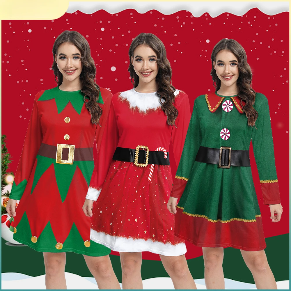 Christmas Elf Costume Santa Claus Dress Xmas Cosplay Long Sleeve Dresses Costume Disguise Party Adult Sexy Outfit Clothing