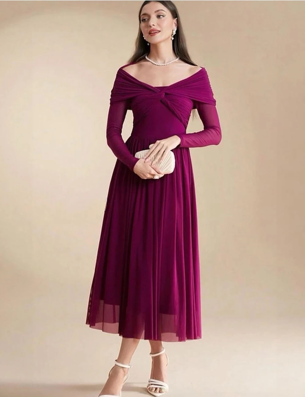 

High Quality Chiffon Pleat Criss-Cross A-line Off-the-shoulder Midi Dresses Homecoming Dresses Formal Modern Style Exquisite