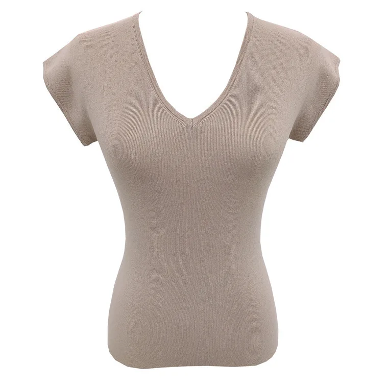 7065 Sommer Neues cremefarbenes V-Ausschnitt-Flatter-Slim-Fit-Kühles, atmungsaktives Kurzarm-T-Shirt im französischen Stil für Damen