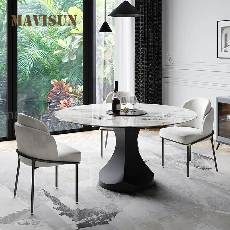 Italian Style Bright Rock Slab Dining Table Built-In Turntable Small Apartment Home Round Modern Minimalist Furniture Set