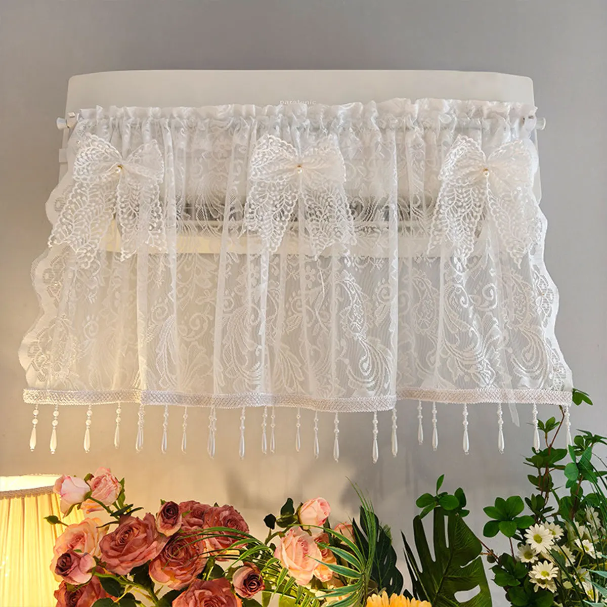 White Lace Bow Pearl Tassel Air Conditioner Curtain 1PC, Rod Pocket Sheer Valance Cover for Wall‑Mounted AC Home Decor