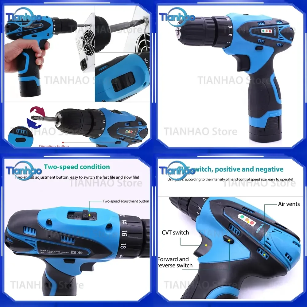 High Quality 16.8V Cordless Electric Screwdriver Two-Speed Drill Portable Rechargeable Lithium Battery Multi-function Power