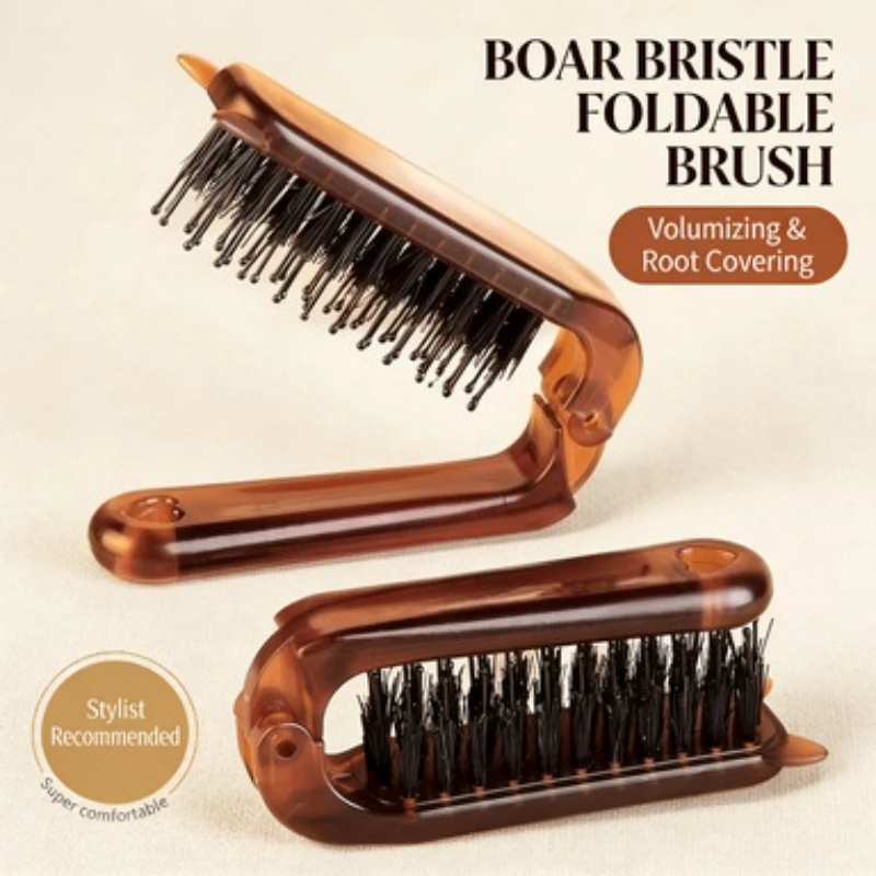 Mini Foldable Boar Bristle Hair Brush, Travel Scalp Massage Comb for Women, Anti-Frizz Volumizing Styling Tool