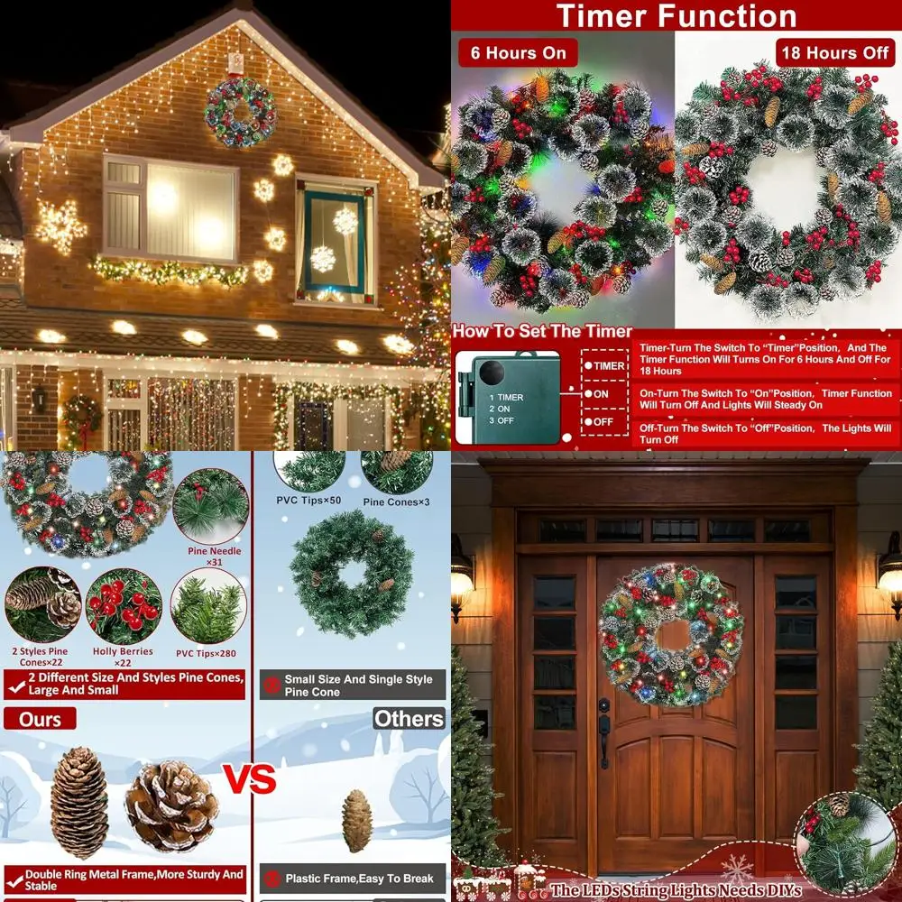 

Super Large 30 Inch Thick Christmas Wreath with 100 Lights, Timer, Realistic Look, 311 Tips, 28 Pinecones, 110 Red Berries, Batt