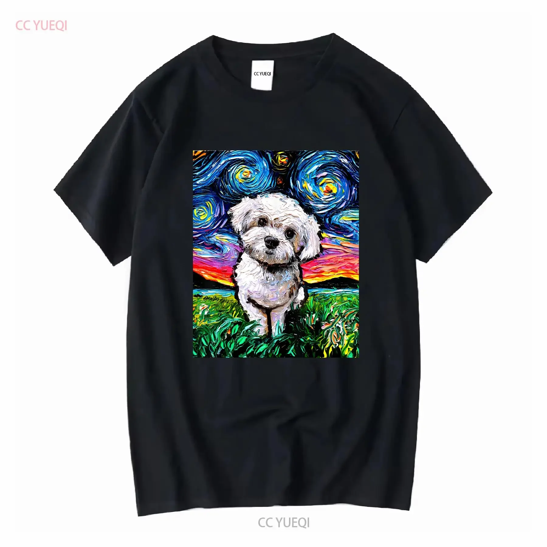 Maltipoo noche estrellada blanco maltés caniche perro arte de Aja camiseta SweaT 100997 mangas largas o cortas vintage lavado cómodo