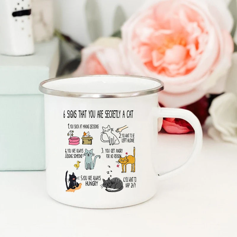 6 Signs That You Are Secretly A Cat Print Mugs Funny Creative Coffee  Enamel Cups Drink Milk Mug Handle Drinkware Cat Lover Gift