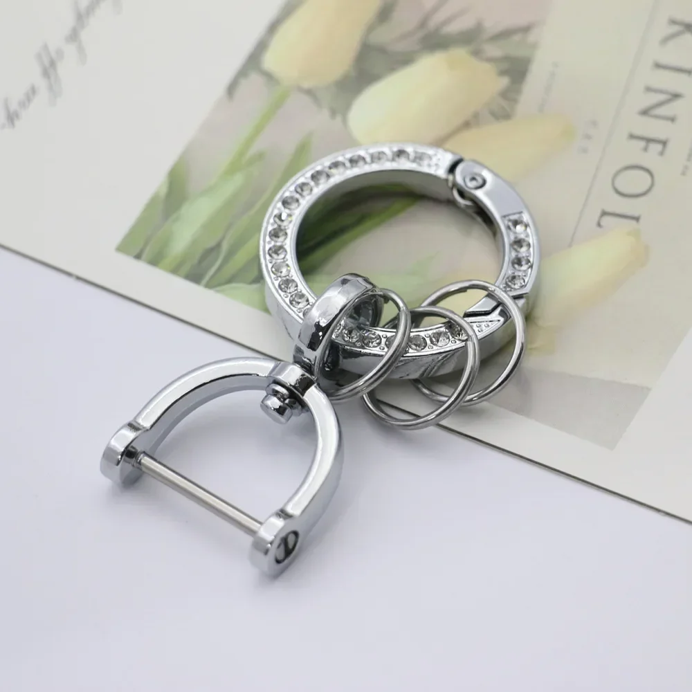 360 Degree Rotation Inlay Rhinestone Keychain High Quality Simple Spring Keyfob Stirrup Keyring Metal Connecting Buckle amabilis