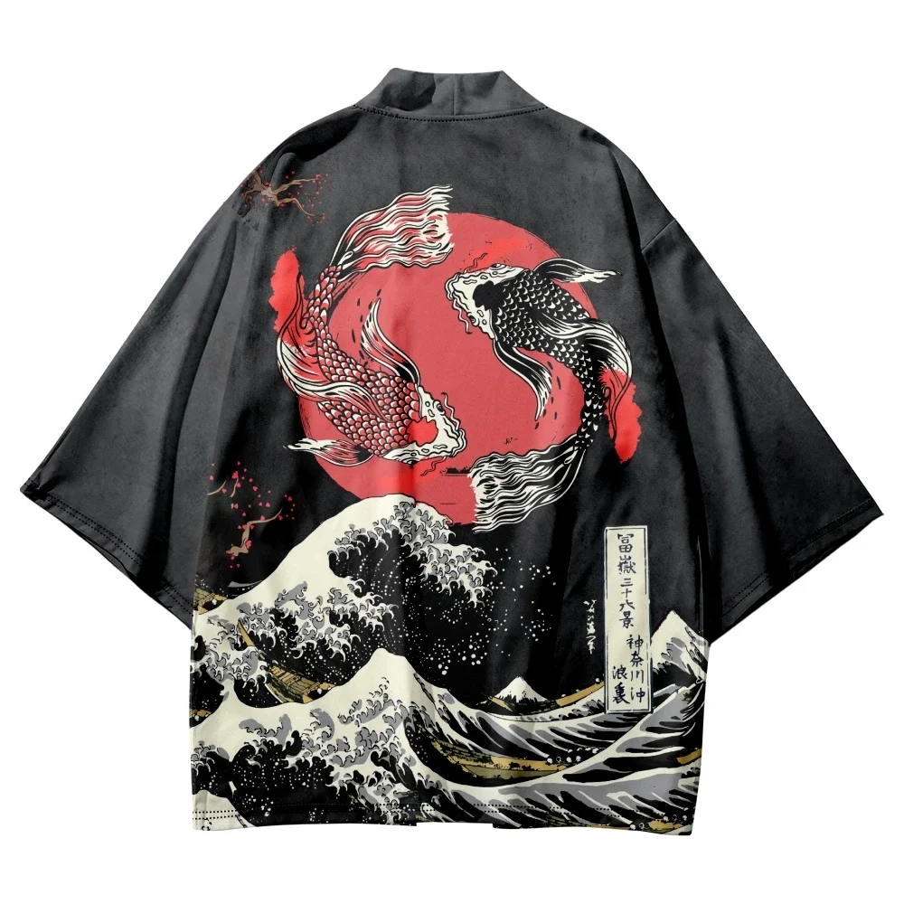 Cardigans estampados em spray de carpa para homens e mulheres, cosplay, Haori Waves Yukata Tops de praia estilo japonês, roupão de grandes dimensões