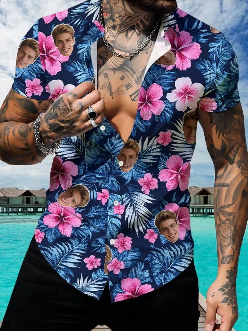 

Custom Face Colorful Floral Print Hawaiian Shirts Personalized Photo Tropical Short Sleeve Button Down Casual Aloha Shirt