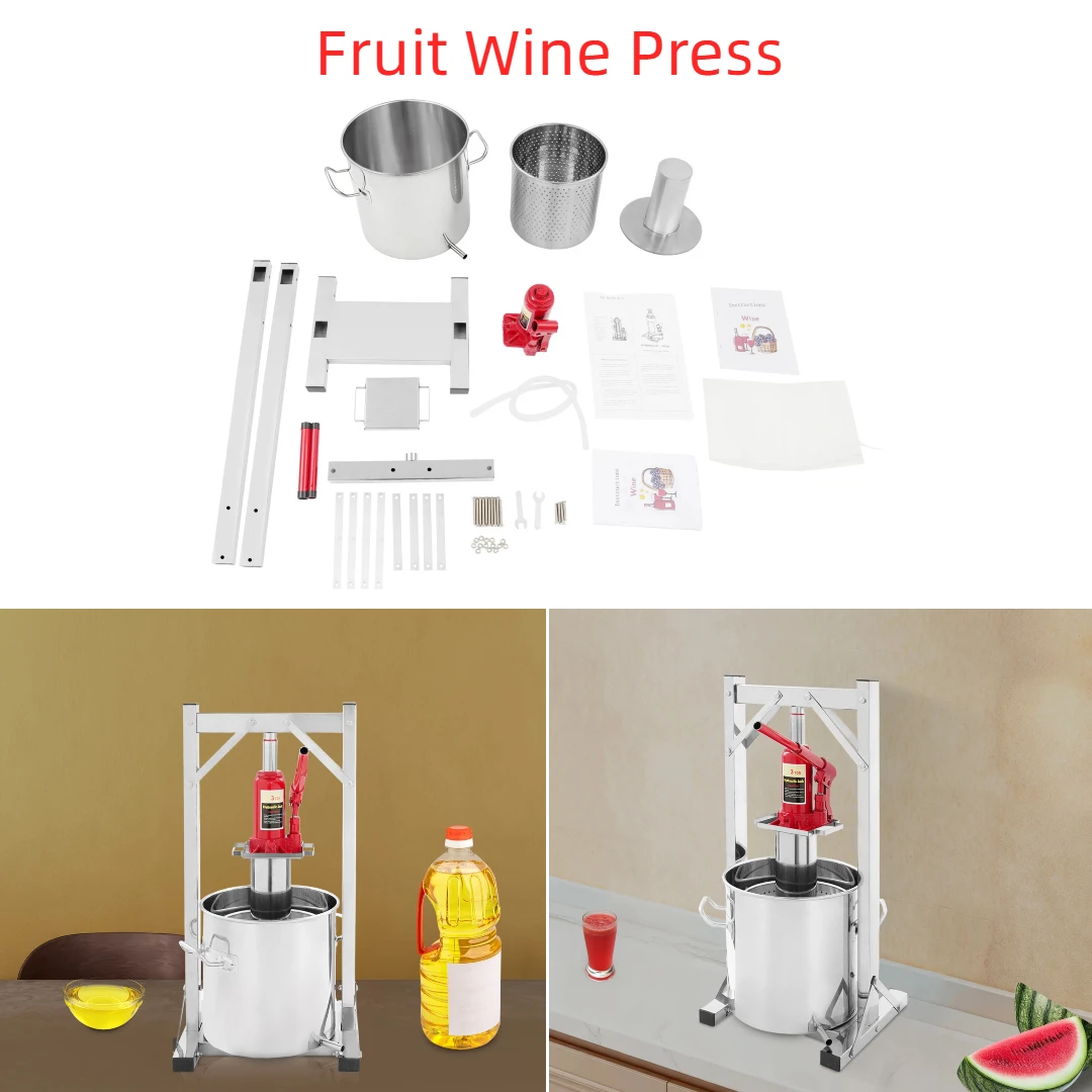 Hydraulic Jack Press Extractor, Stainless Steel, 3T Pressure, 12L, Manual Wine Press Machine Kit, Fruit Wine Press for homemade wine, strawberries, mulberries