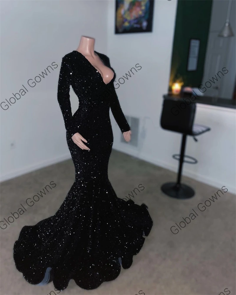 Sexy V Neck Long Prom Dress para meninas negras 2024 Sparkly Lantejoula Birthday Party Dresses com manga completa Evening Gown personalizado