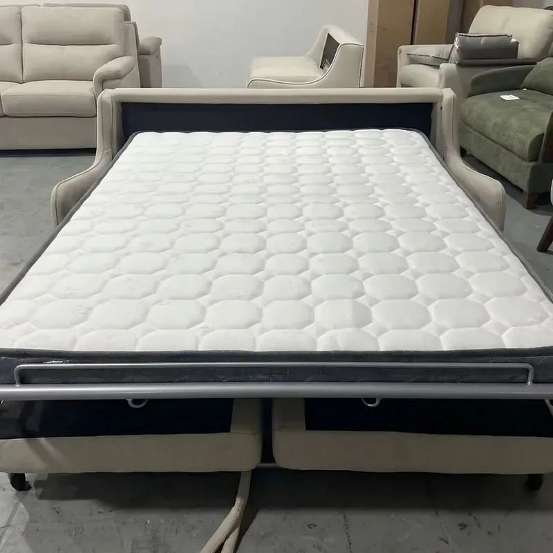 Modern convertible pull-out sofa bed with mattress, space saving, metal frame, fabric upholstery