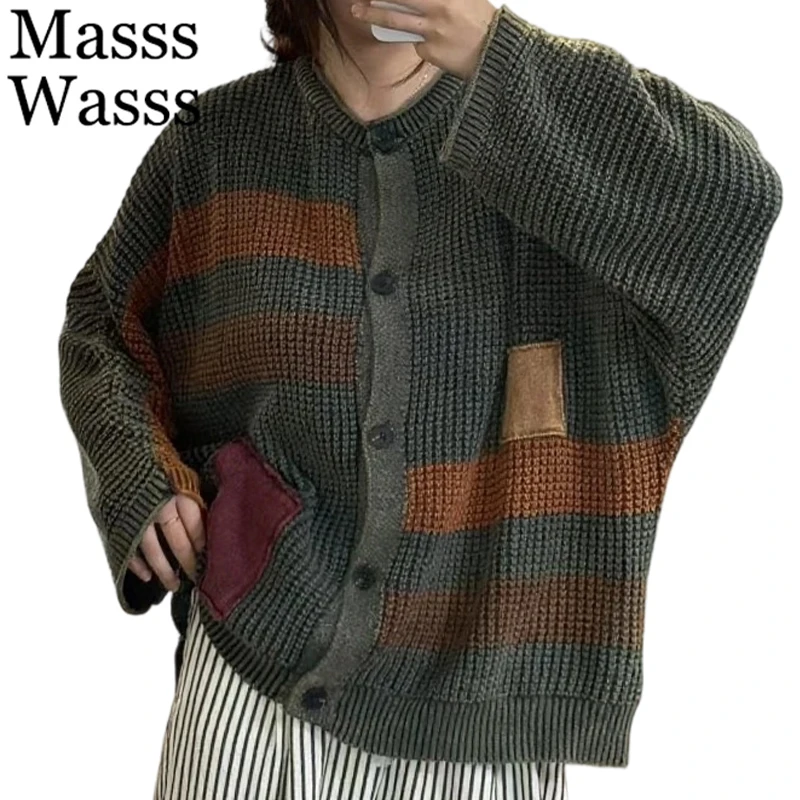 

Masss Wasss 2025 Autumn Fashion Loose Knitwear Womens Vintage Classic Patchwork Sweaters Ladies Leisure Elegant Cotton Cardigans