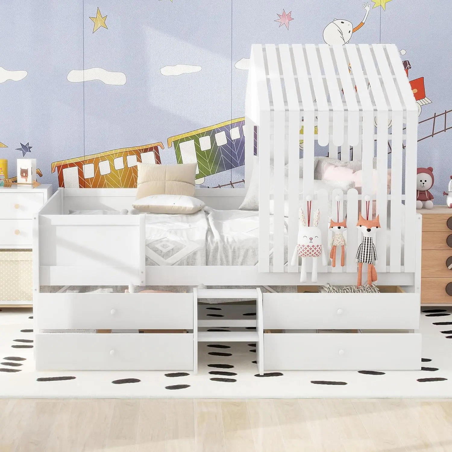 Lit de maison pleine grandeur pour enfants, cadre de lit de rangement complet avec toit et fenêtres, cabine en bois, loft bas complet avec 4 portes extérieures de proximité