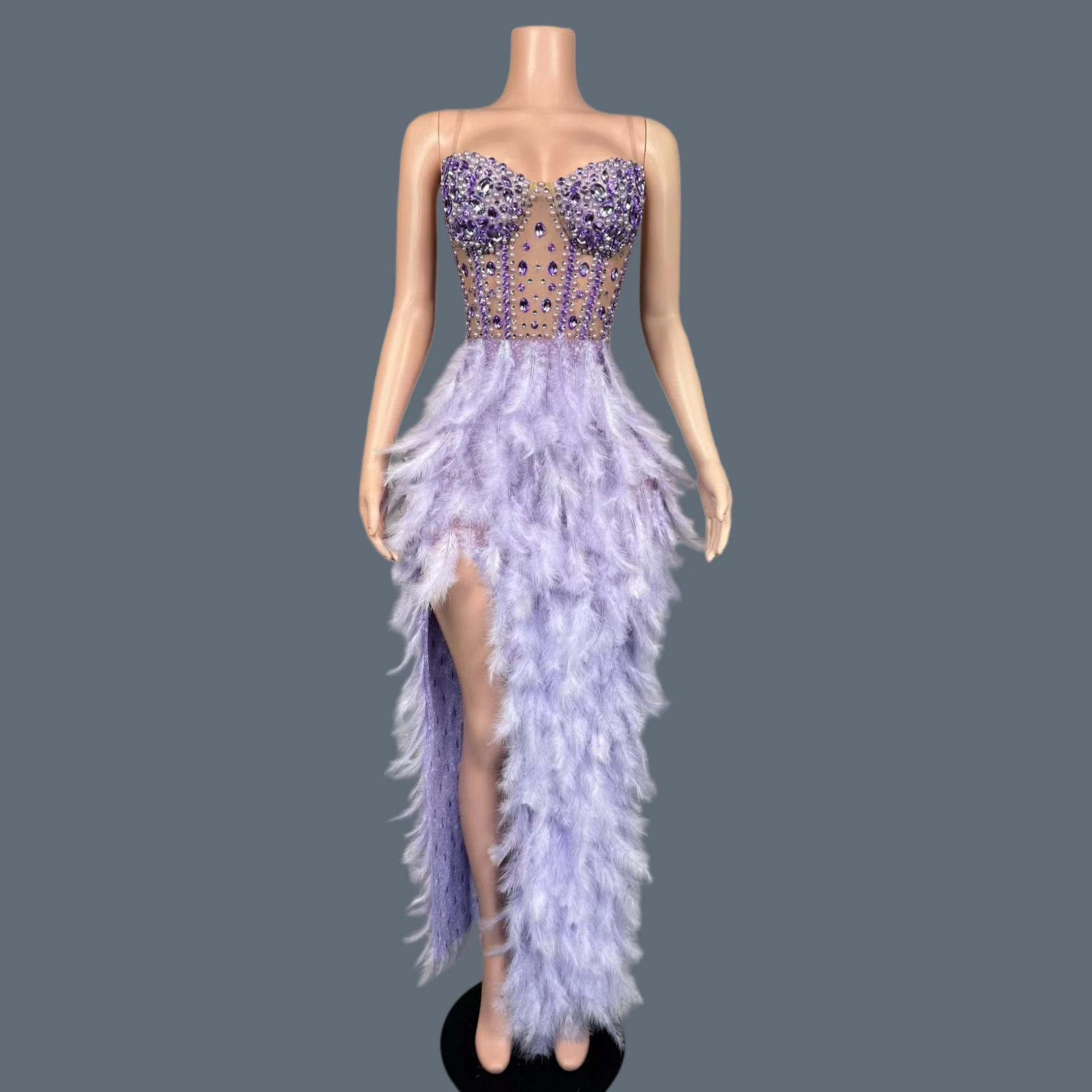 

Multicolor Feather Rhinestone Evening Gown Strapless Crystal Sparkly Birthday Party Dress Luxury Prom Formal Sexy Wear Yumao