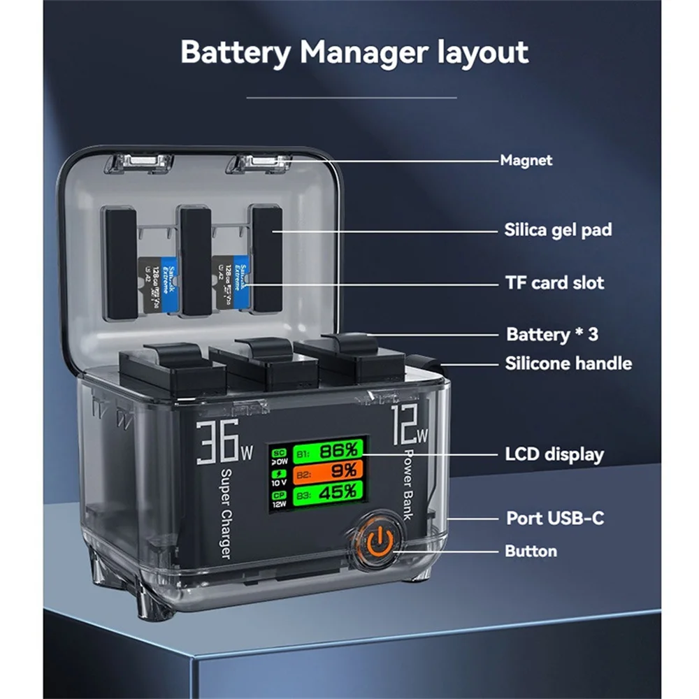 

Смарт-менеджер зарядки аккумулятора 3 в 1, блок быстрой зарядки 12 Вт/36 Вт с цифровым дисплеем для зарядного устройства для камеры OSMO 360/Action 5/4/3
