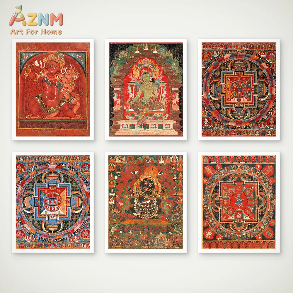 AZNM Vintage Tibetan Thangka Canvas Print Buddha Mandala Traditional Buddhist Religious Oriental Retro Home Wall Poster Unframed