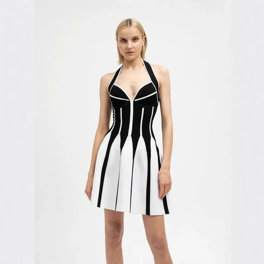 Robe courte à col bas noir et blanc pour femmes, robe de soirée élégante pour les fêtes, les vacances, les spectacles, costume de scène
