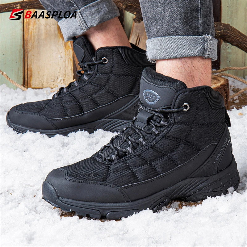 Men\'s Leather Fabric Shoes Waterproof Outdoor Travel Hiking Warm Winter Sneakers Casual Boot Baasploa 2021 New Arrival