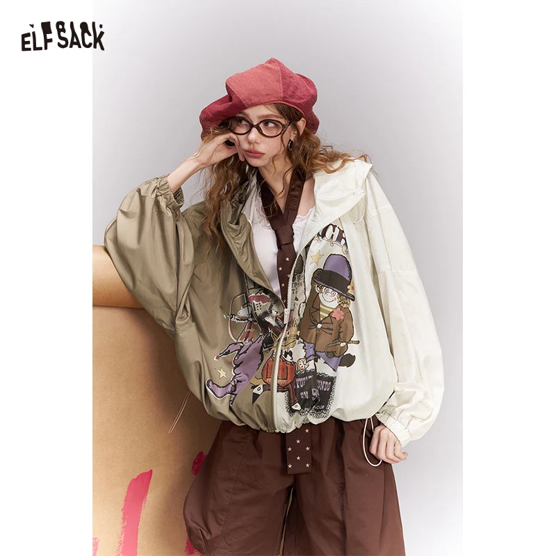 

ELFSACK Novelty Print Sun Protective Jacket, Oversized Asymmetrical Patchwork Shacket, Women's Demi-Season Casual Coat