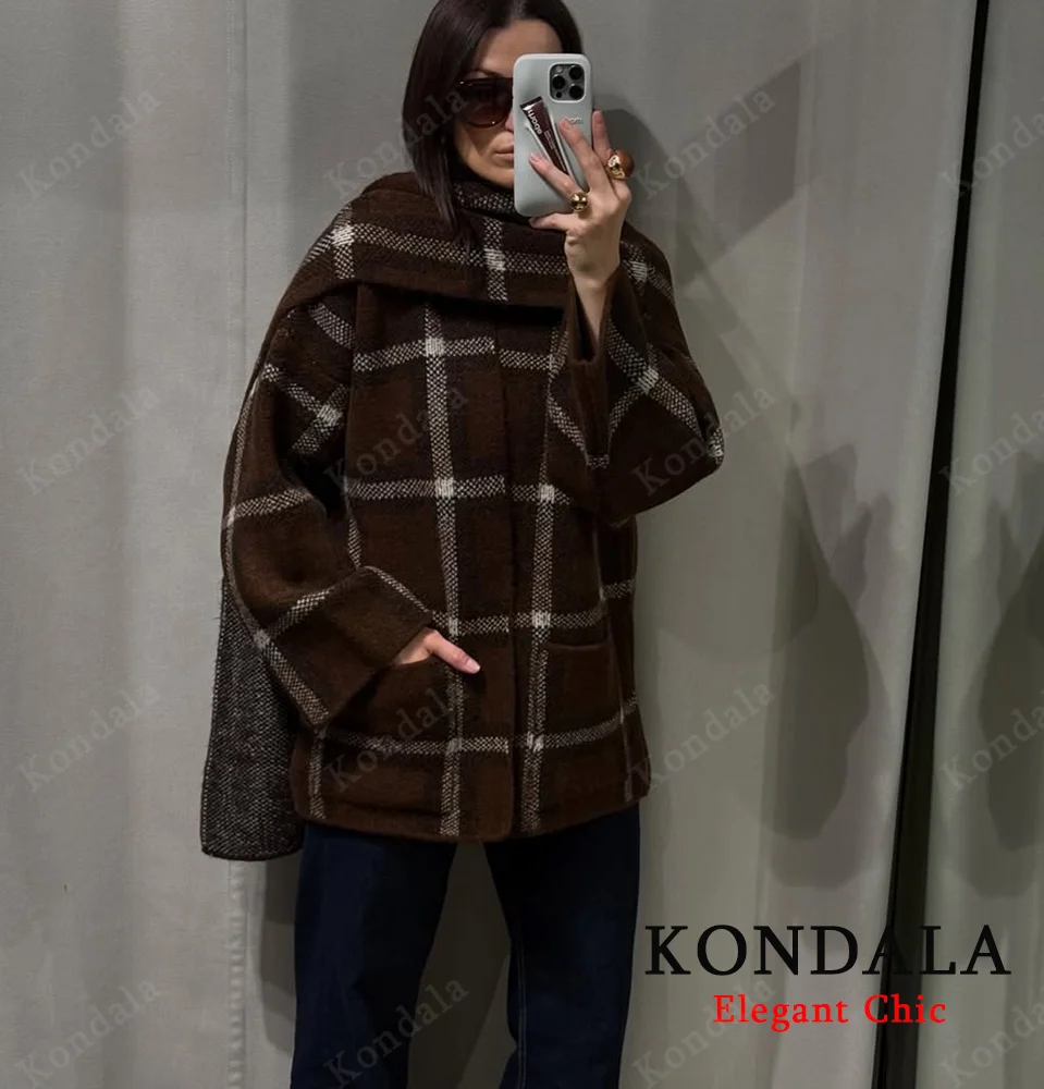 

KONDALA винтажный клетчатый шарф, вязаное пальто, женское осенне-зимнее элегантное свободное пальто с шарфом и воротником, 2025 г., модная верхняя одежда, повседневное женское пальто