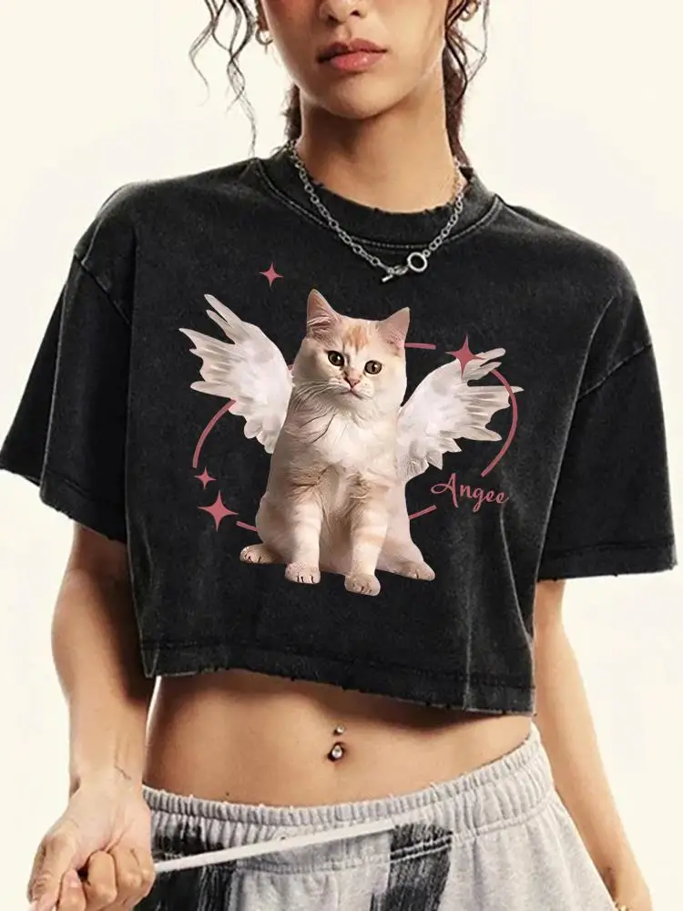 

Angel Cat Printing Women Washed Short T-Shirt Casual Street Distress Retro Clothes Breathable Midriff-Baring Versatile Tshirt