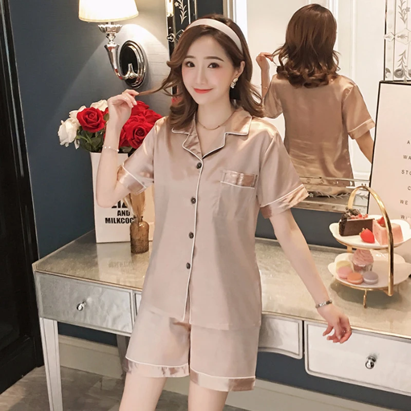 Wildly Popular Womens Satin Silk Pajamas Set Short Sleeve Button Down Top Shorts Sleepwear 2Piece Pjs Set Flip Collar Loungewear