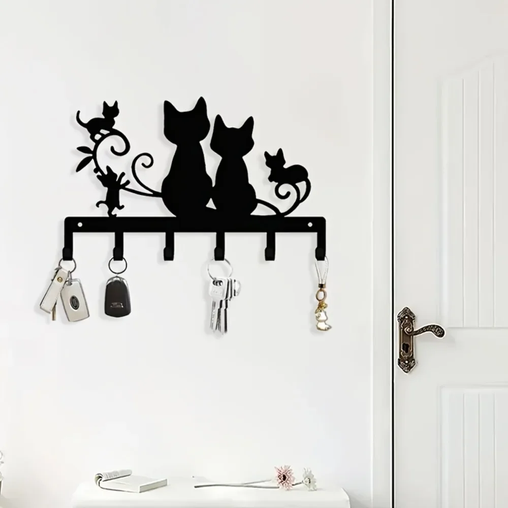 Porta Llaves Metálico de Pared con Silueta de Gato Negro, Decoración
