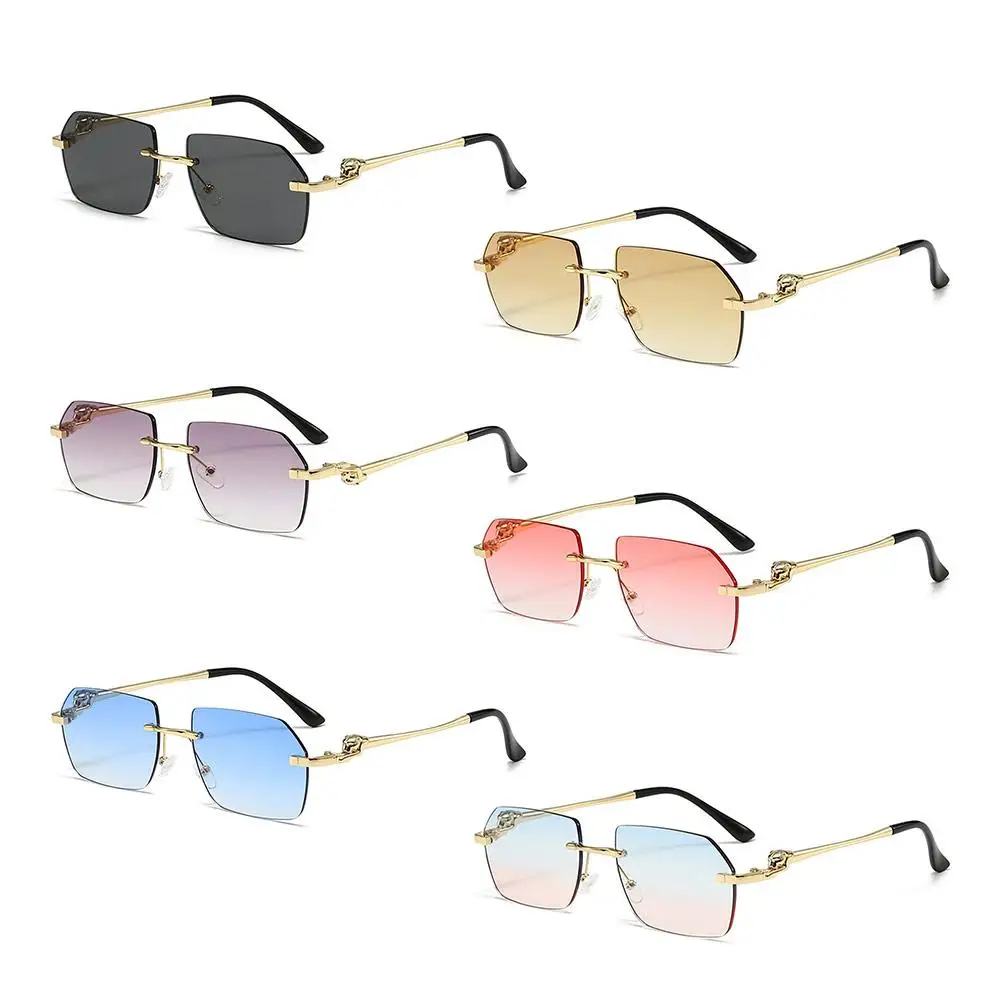 Rimless Cheetah Design Sunglasses Photo Props UV400 Protection Cut Edge Polygonal Sun Glasses Daily Party Holiday