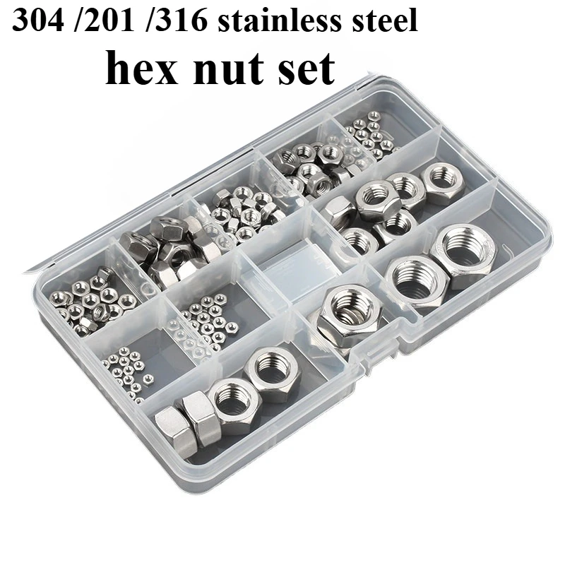 

304 /201 /316 stainless steel hex nut set, hex nut screw cap M2-M16( 101Pcs-141Pcs)