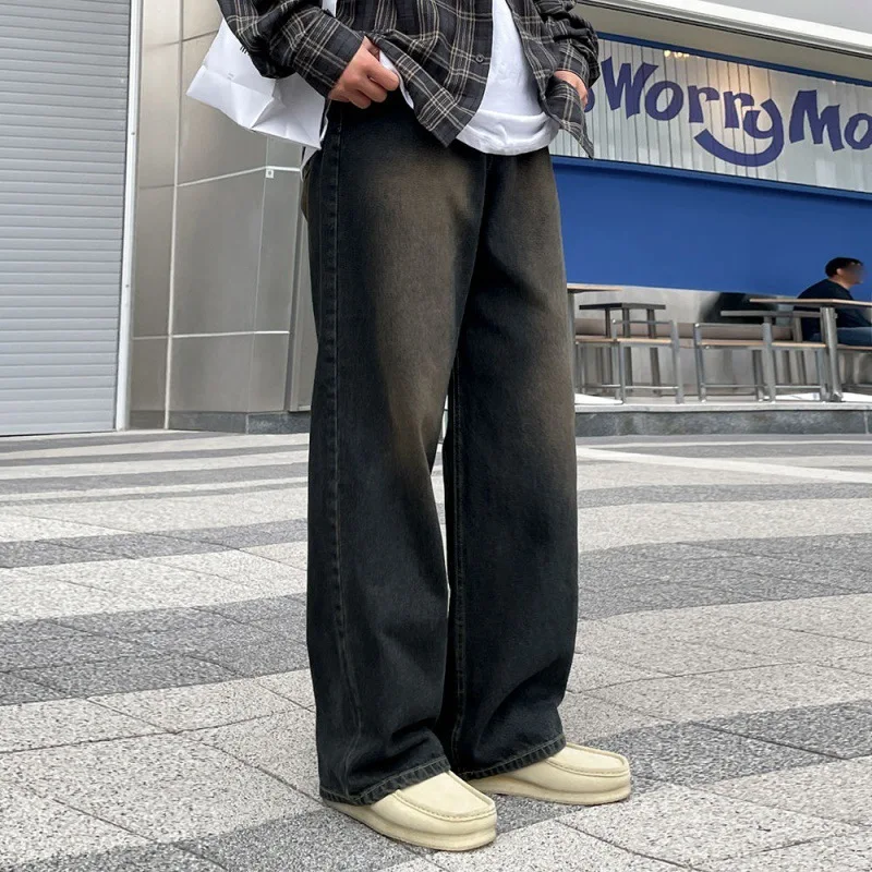 

Spring new 2024 men's straight leg jeans, fashionable and worn, gradient color loose men's Korean version retro wide leg pants