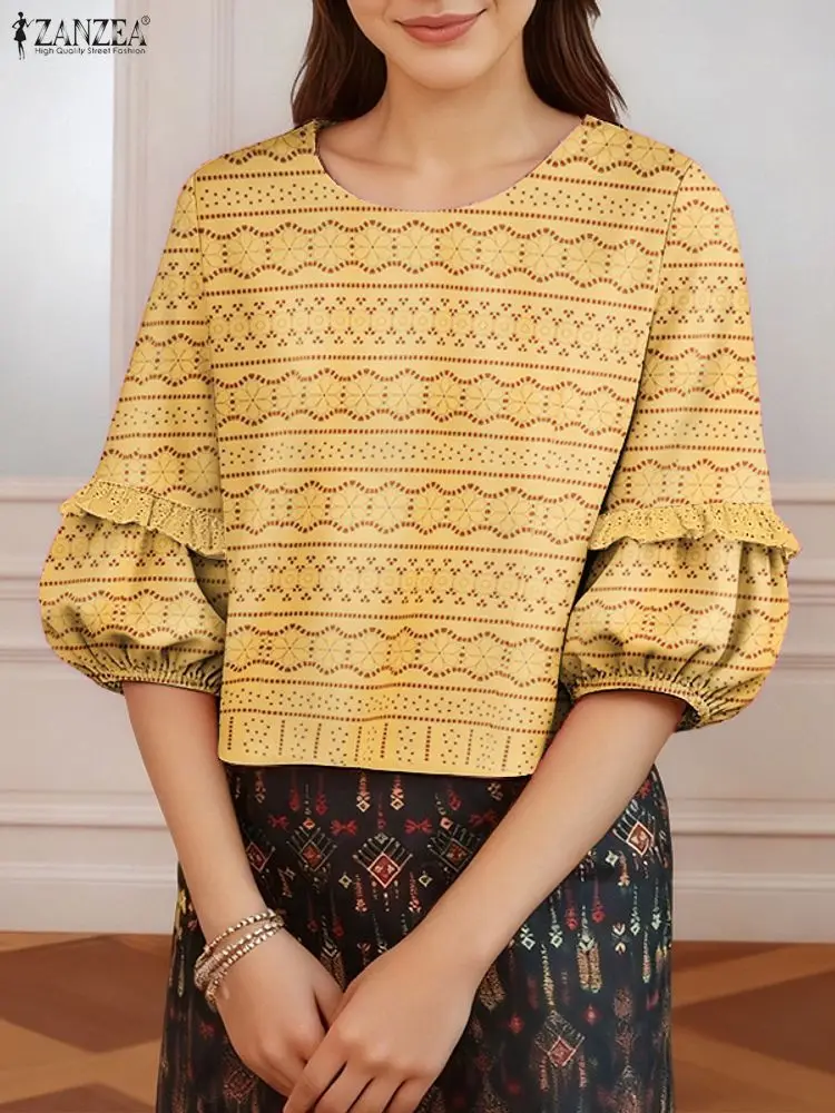 

ZANZEA, модные топы-туники, женская блузка с рукавами-фонариками и принтом, осень 2022, повседневные свободные винтажные рубашки с рукавами 3/4, Blusas Femme