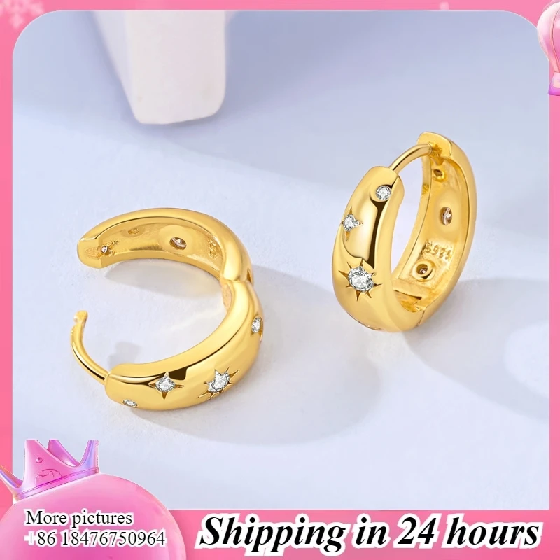 Pendientes de Plata de Ley 925 para Mujer – Aro Dorado Brillante + Diseño de Sol, Luna y Estrellas