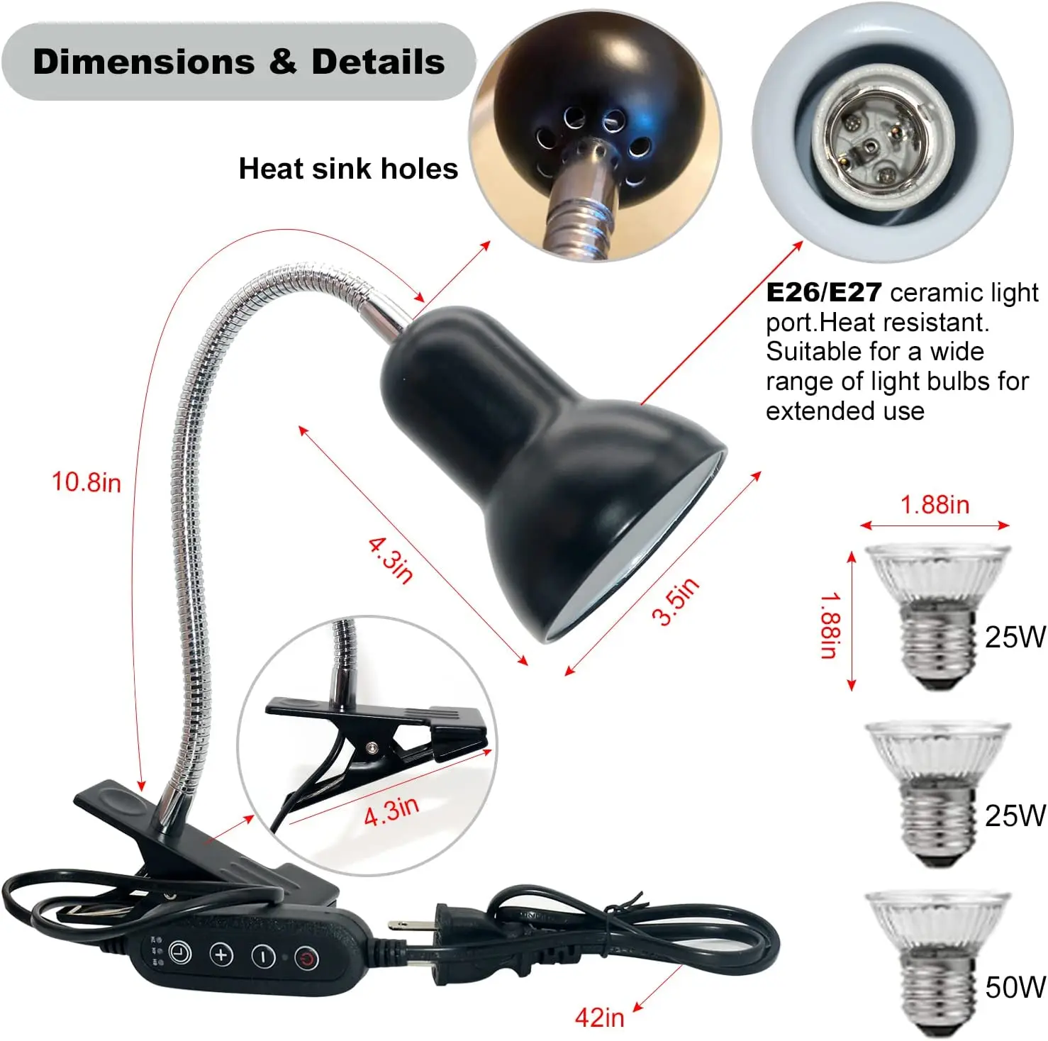 Turtle Reptile Heat Lamp with Timer 25/50W UVA UVB Light Bulb for Lizard Snake Amphibians Small Animals