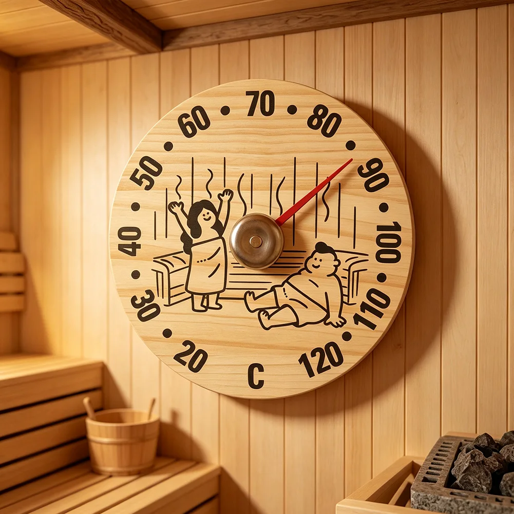 Sauna Wall Thermometer Hygrometer Made of Wood Battery Free Mechanical Design for Steam Bath and Spa Use 12x12x1.5cm