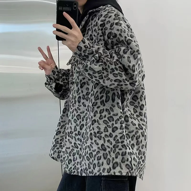 Men Fashion Leopard Graphic Jackets Coats Male Vintage Casual Loose Korean Style Harajuku Jacket Outerwear with Pockets