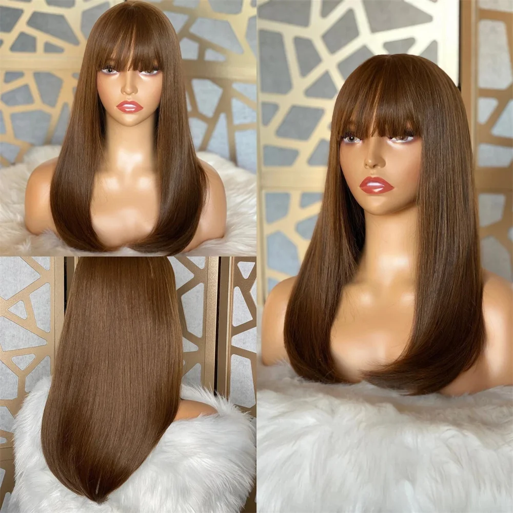 

Long 26Inch Brown Straight 5x5 Silk Base Jewish Human Hair Wig With Baby Hair HD Lace European Hair Preplucked Glueless Daily