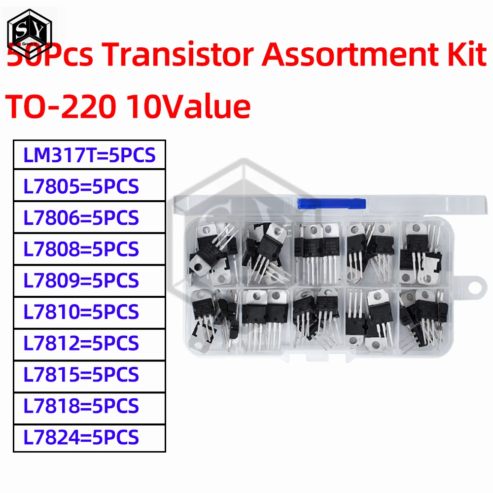 50PCS 10Value Voltage Regulator Kit Box LM317T L7805CV L7806 L7808 L7809 L7810 L7812 L7815 L7818 L7824 TO220 Integrated Circuit