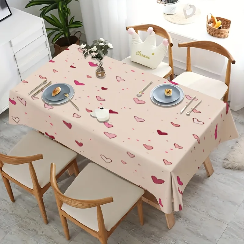 Sweet Heart Sprinkle Tablecloth, Cute Scattered Pink Red Heart Print Rectangular Table Cover for Dining Table Home Party Decor