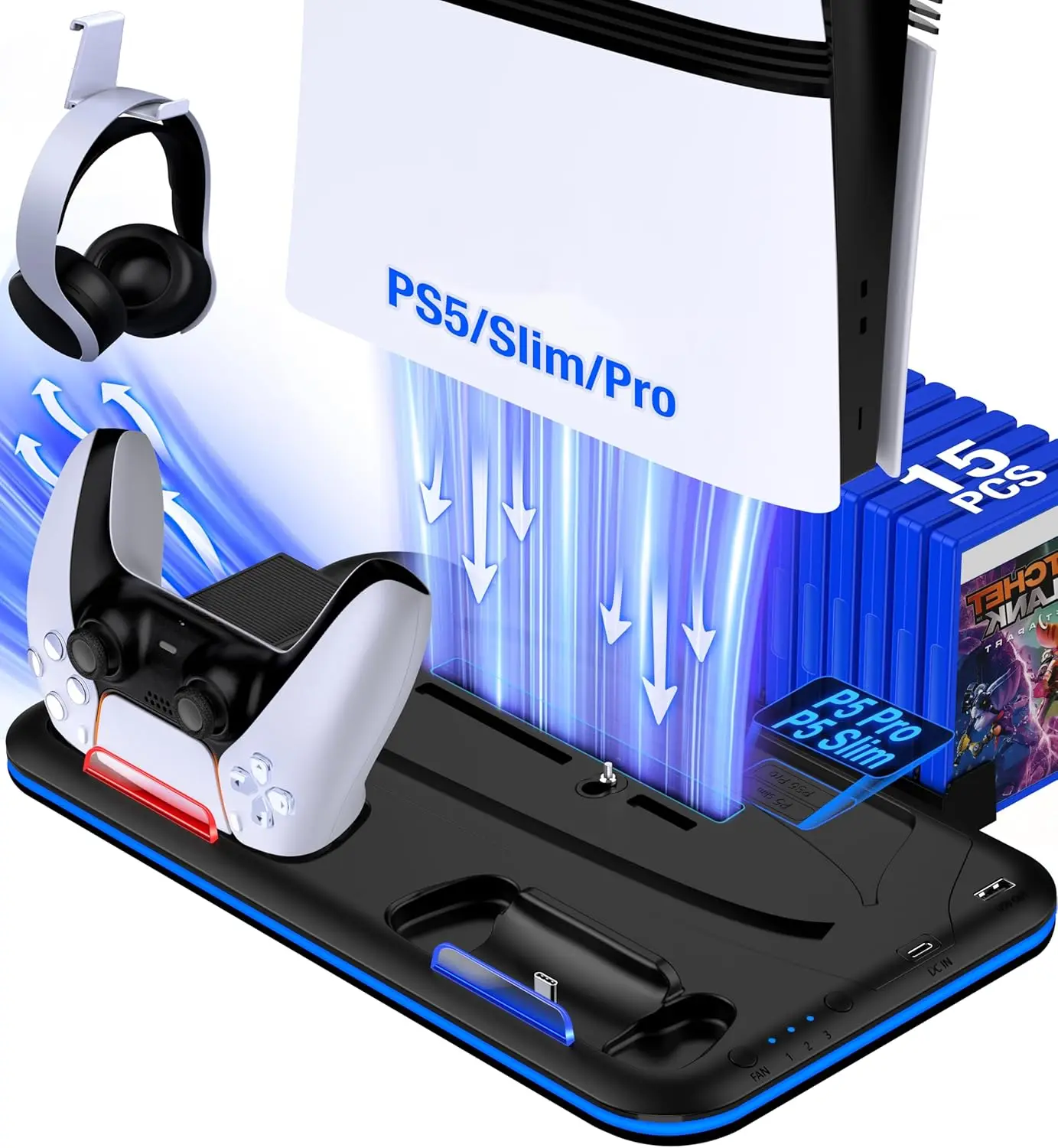 For PS5 cooling stand with RGB light fan console disc and Slim/Pro console,PS5 controller charger dual controller charging base