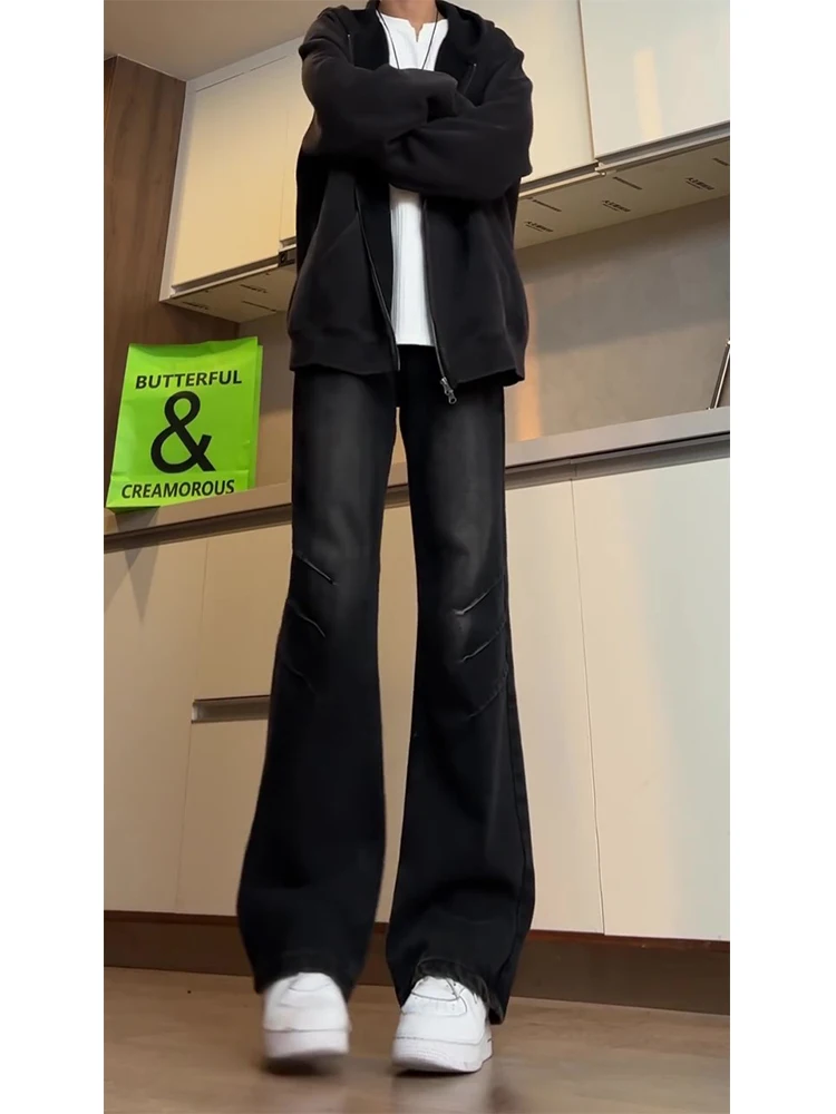 

Black Men's Slim Fit Straight Leg Jeans Extended Length Tapered Pants American High Street Vibe Youth Fashion Spring Season