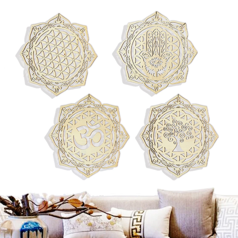 

30cm Large Size Woodworking Art Room Ornaments Hanging Wall Decorations Hollow Lotus Mandala Flower Palm Pattern Crafts 4pcs Set