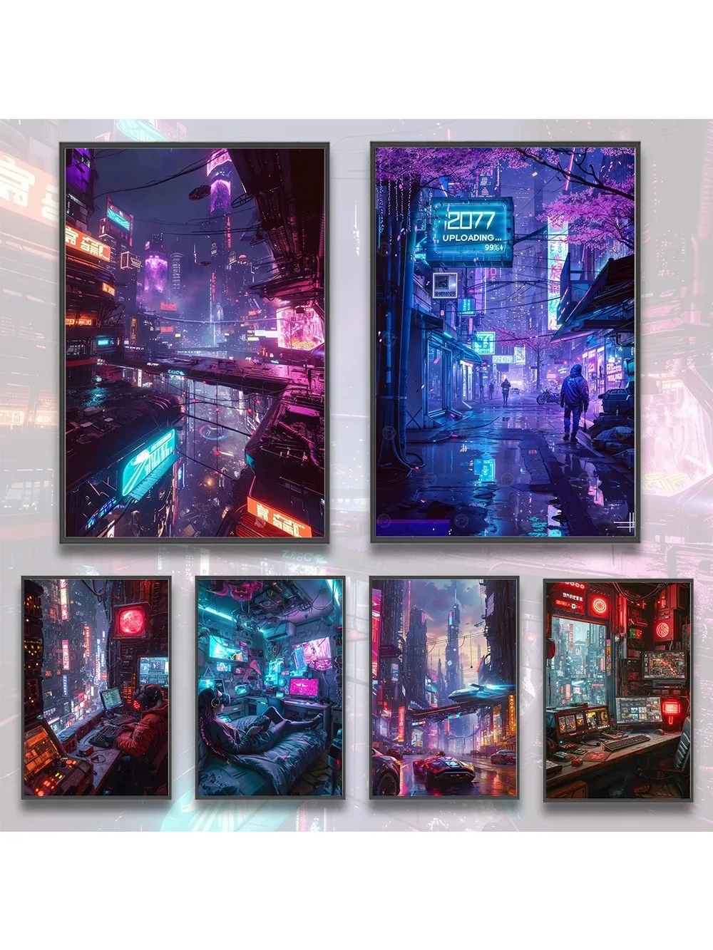 Affiches de ville Cyberpunk, figurines de décoration de maison, peinture sur toile, dessins animés d'art mural, salle d'ordinateur