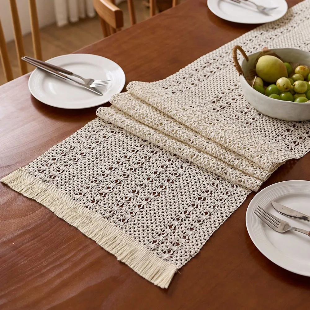 Nordic Bohemian Table Runner with Stripes And Tassels Handwoven Fringe Kitchen Dining Decor for Spring Summer Party