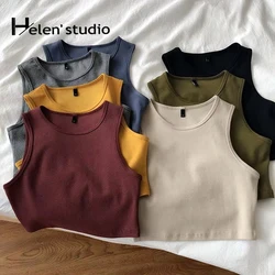 Original Summer Women's Crop Top Stretch Slim Short Sleeveless Women's Tanks Top Kpop Yellow Burgundy Y2k T-Shirt