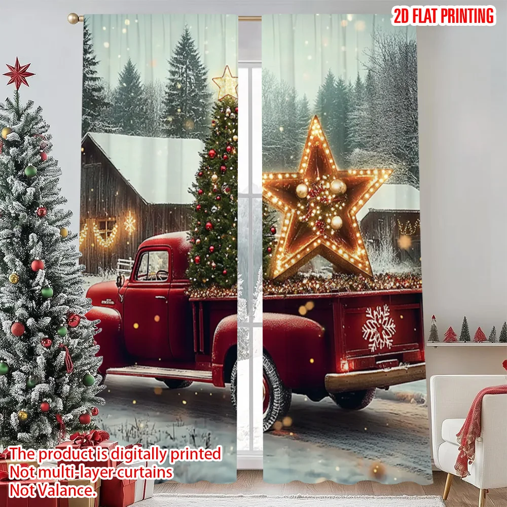 

2pcs 2D flat printing Christmas Party Curtain Snow scene red truck Christmas Polyester Without Electricity Versatile Use for