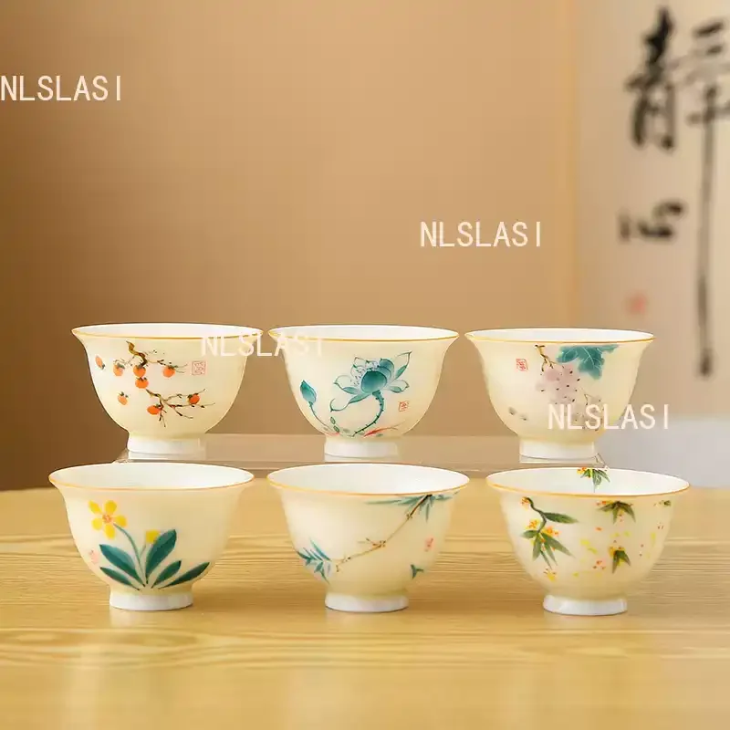 2PCS  Ceramic Hand-painted Tea Cups Chinese Plant Patterned Tea Bowl Living Room Coffee Cup Household Tea Ceremony Accessories