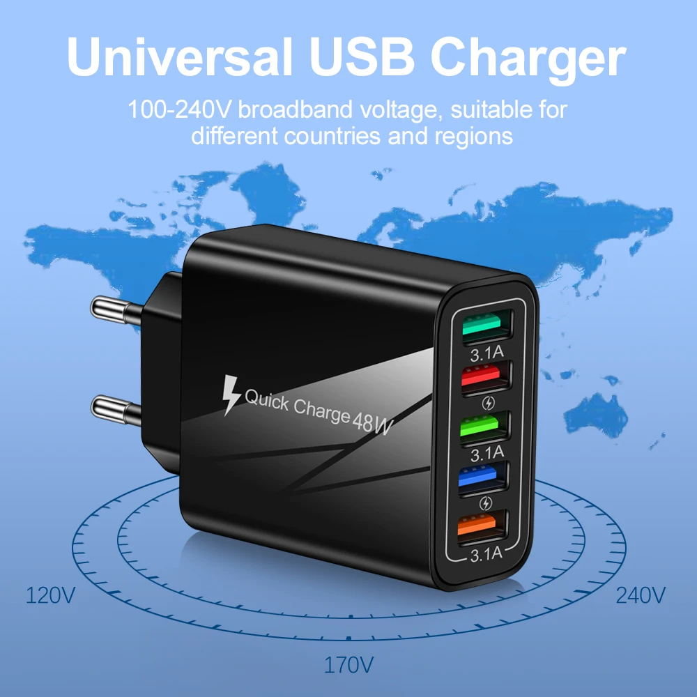 EU/US Plug USB Charger 48W QC 3.0 Fast Charge For Phone Adapter For iPhone 13 Pro Max Sumsung Xiaomi Tablet Wall Mobile Charger
