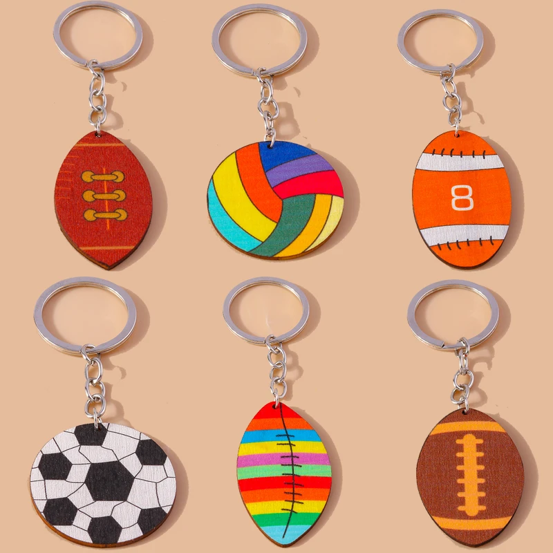 Fashion Wooden Sports Rugby Keychains for Women Men Car Key Handbag Pendant Key Rings Accessories DIY Jewelry Gifts