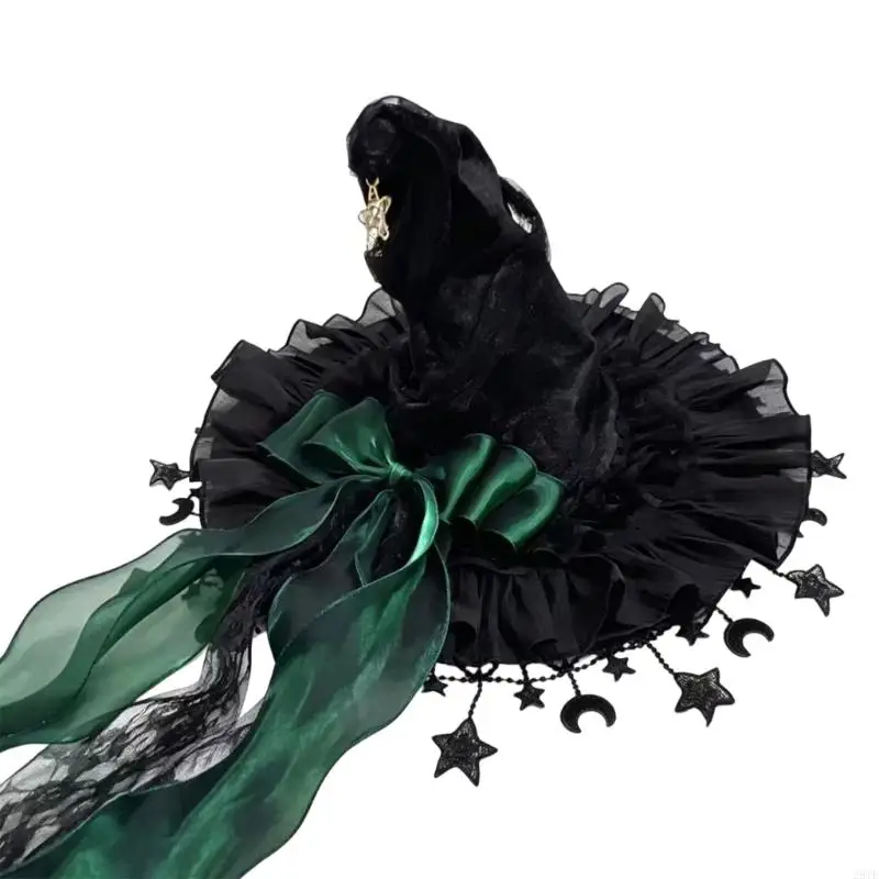2025 New Cosplay Witch Headwear with Pointed Top Ruffled Soft Touch Lace Texture for Halloween Party Use and Costume Photos